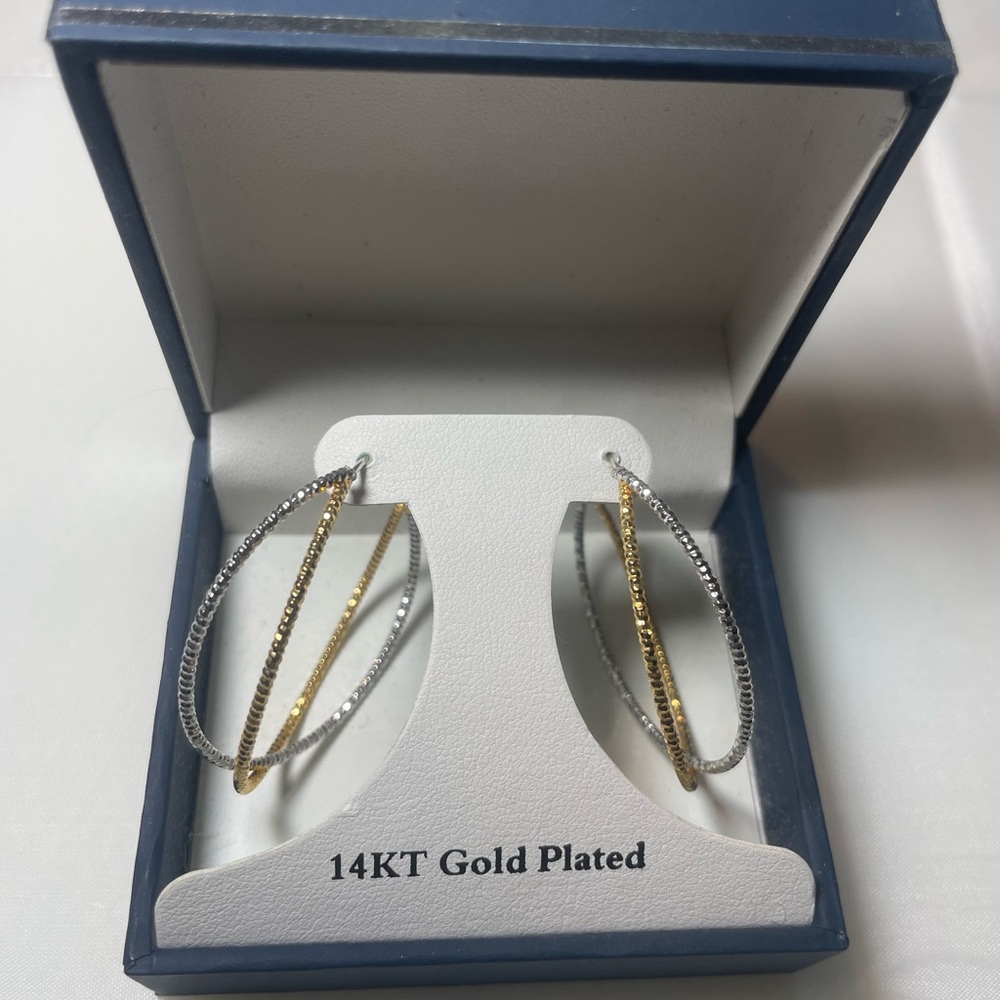 14KT Gold Plated Silver and Gold Hoop Earrings - Picture 6 of 6